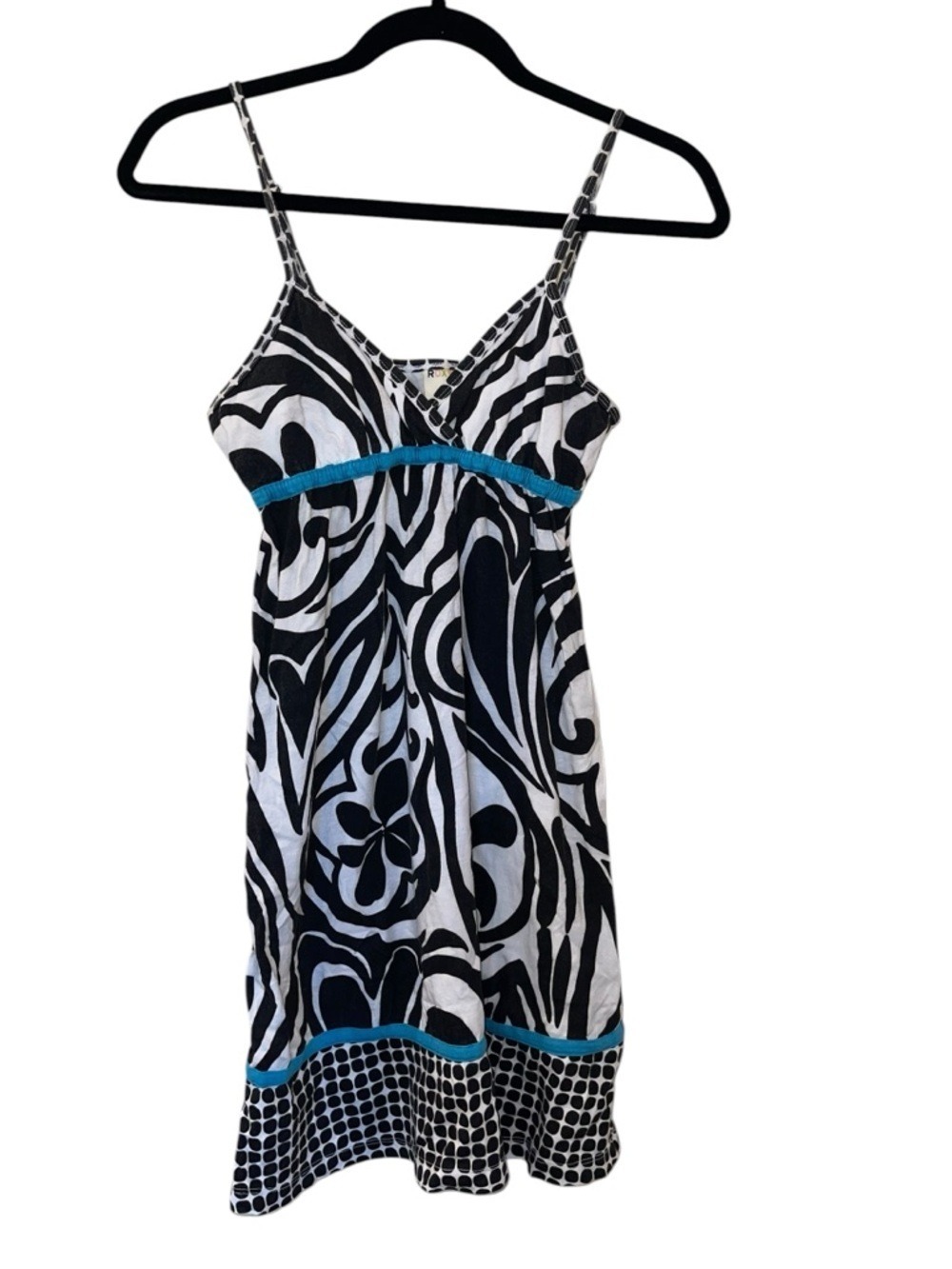 Y2K Roxy Sundress Beach Surf Black White Teal Flowy Mini Straps Size: Small